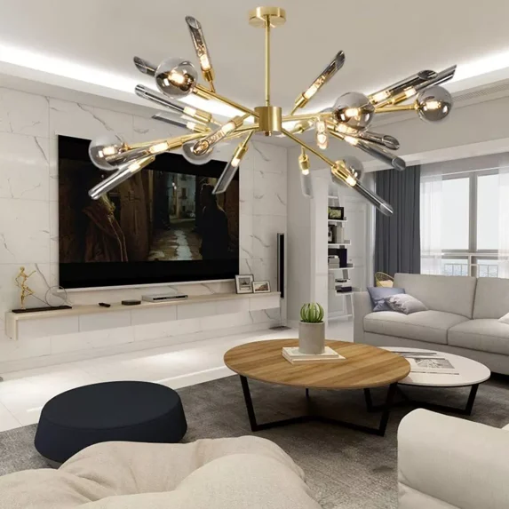 GMizon Sputnik 24-Light Chandelier Modern Gold Pendant Light Gray Glass Ceiling Fixture
