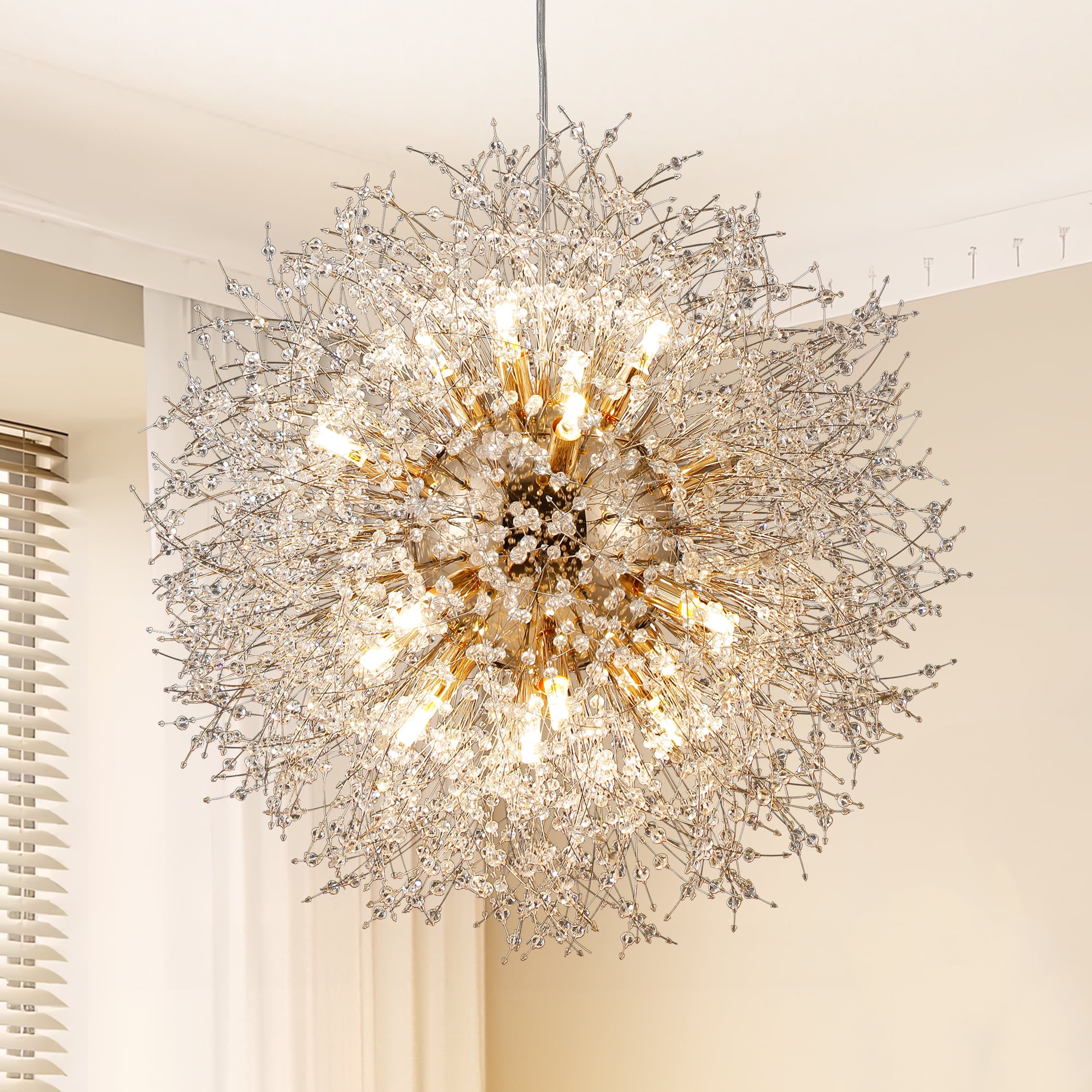 Sputnik Dandelion Chandelier 16-Lights, Round Gold Crystal Pendant Light Fixtures, Modern Firework Ceiling Hanging Lamp for Living Room Dining Room Bedroom Kitchen Island