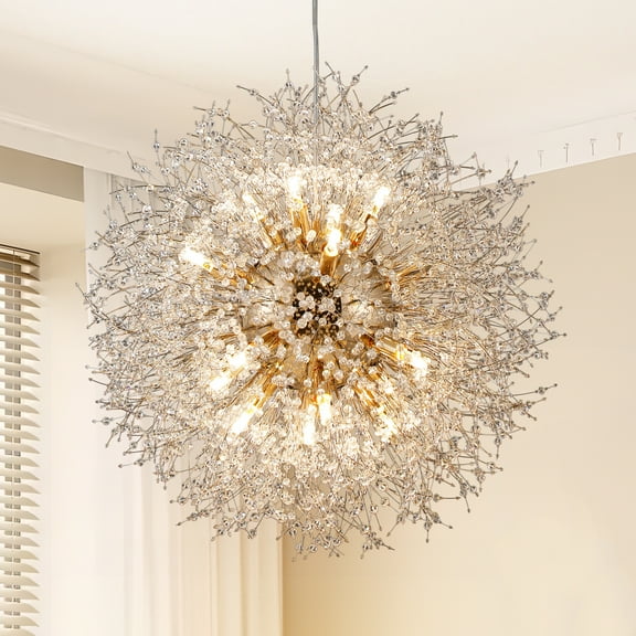 Sputnik Dandelion Chandelier 16-Lights, Round Gold Crystal Pendant Light Fixtures, Modern Firework Ceiling Hanging Lamp for Living Room Dining Room Bedroom Kitchen Island