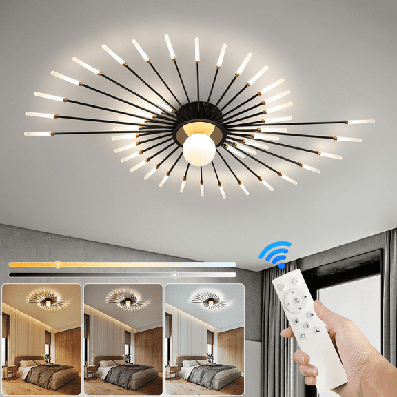 Sputnik Flush Mount Ceiling Light with 42 LED Rods, Dimmable 3000K-6500K Color Temperature Changeable, Modern Mid Century Semi Flush Mount Light Fixture for Living Room Bedroom Kitchen