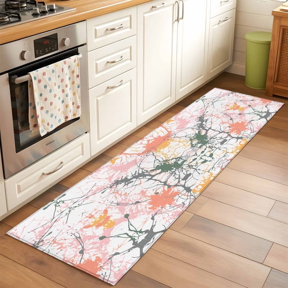 Sputtering Effect Runner Rugs 2x6 ft Pink Orange Marble Watercolor Texture Washable Hallway Rugs Non-Slip Floor Mats Absorbent Carpet Bedside Runners for Bedroom Kitchen Bathroom Laundry Room
