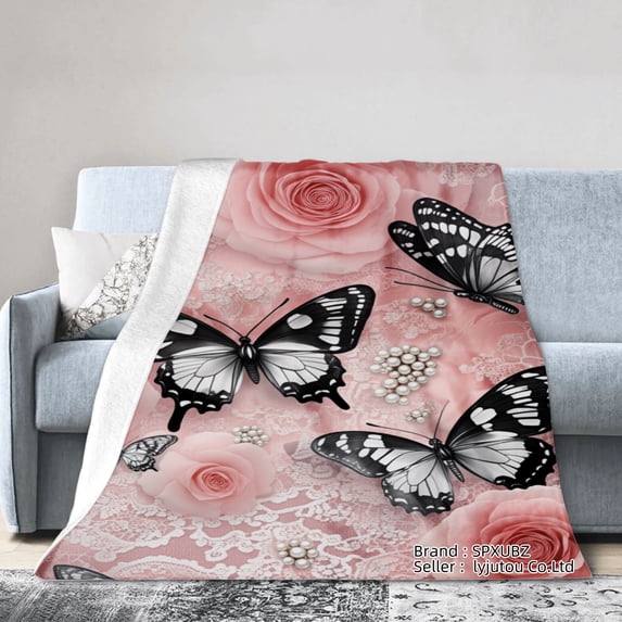Spxubz Butterfly And Rose Pattern Flannel Throw Blanket For Gift Home Sofa Bed Decoration 50x40 inch
