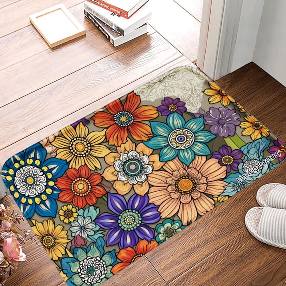 Spxubz Non Slip Flannel Polyester Floor Mat With Colorful Floral Design For Bathroom Kitchen Bedroom Decoration 24x16 inch