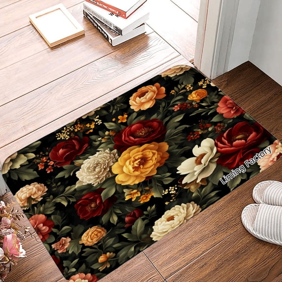 Spxubz Non Slip Flannel Polyester Kitchen Floor Mat Floral Design For Bedroom Bathroom Decoration 31.5x19.7 inch