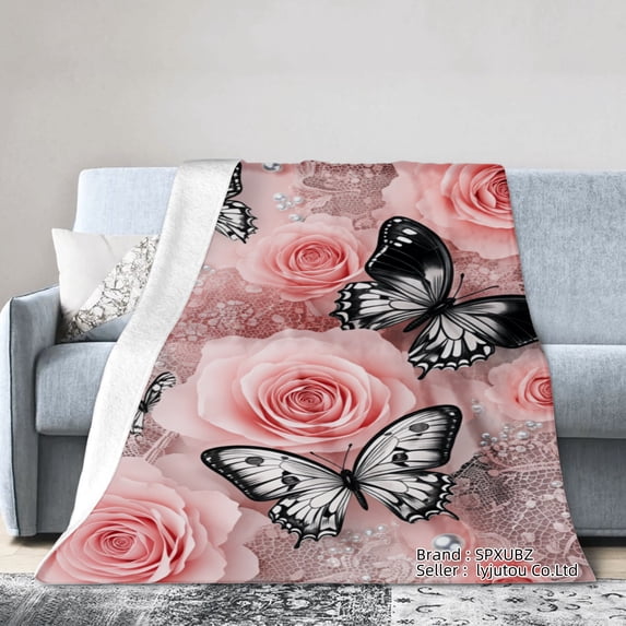 Spxubz Rose And Butterfly Pattern Flannel Throw Blanket For Gift Home Sofa Bed Decoration 80x60 inch