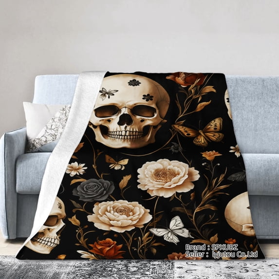 Spxubz Skull And Floral Pattern Flannel Throw Blanket For Gift Home Sofa Bed Decoration 50x40 inch
