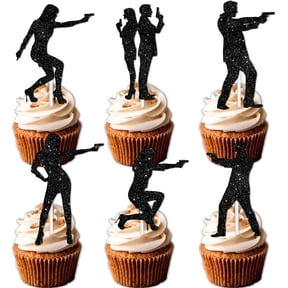 Spy Agent Silhouette Cupcake Toppers, Black Glitter, Secret Agent Theme Party Decorations, 12 Count