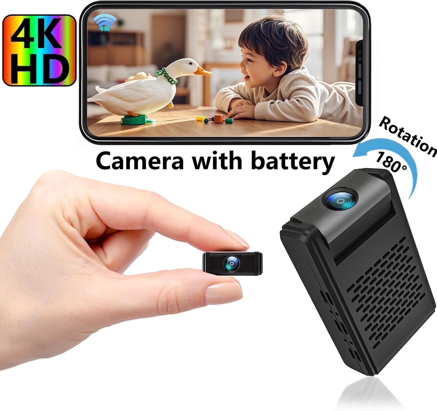 Spy Camera , Hidden Camera Mini Security Camera, Nanny Cam with 180Rotating Lens, 4K WiFi Wireless Surveillance, Motion Detection, Auto Night Vision