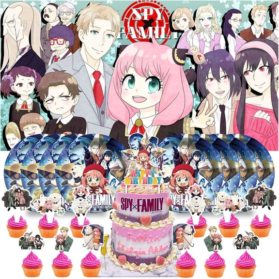 Spy Family Birthday Party Decor Set - 5x2.3ft Backdrop Banner, Paper Plates, Cake Toppers & Fan Decorations