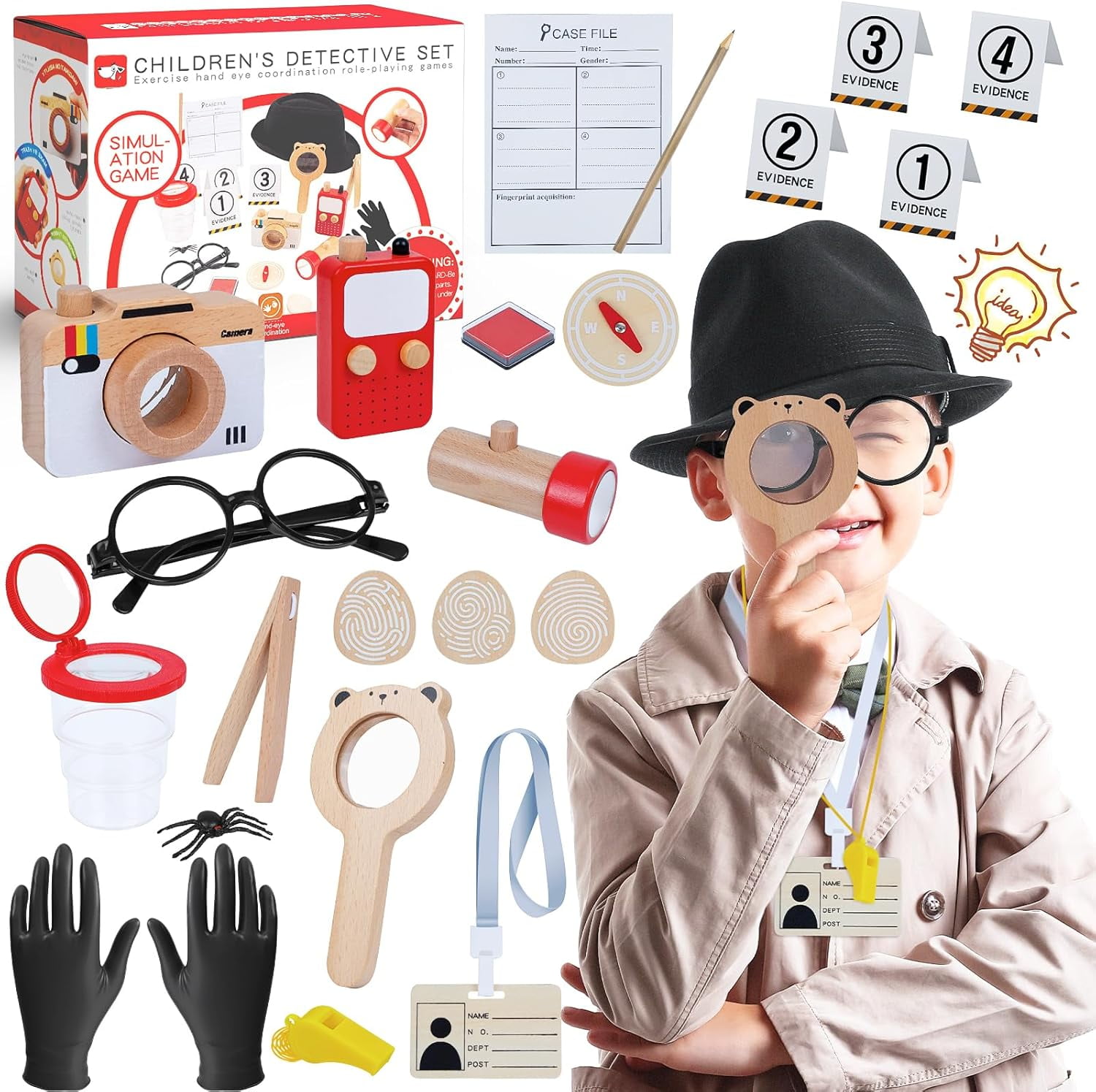 Spy Kit for Kids Detective Outfit Fingerprint Toys with Hat Wooden Magnifying Glass and Detective Tools Investigations Science Role Play Toy Gifts