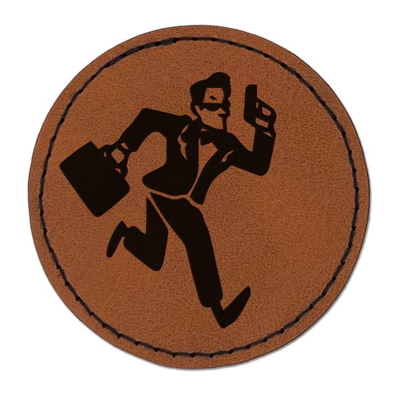 Spy Secret Agent with Briefcase 2.5" Faux Leather Round Engraved Iron-On Patch - Brown