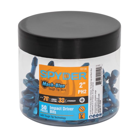 Spyder Mach-Blue 2-Inch PH2 Impact Driver Bit (50-Pack) 19136