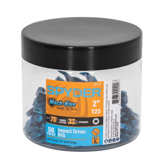 Spyder Mach-Blue 2-Inch T25 Impact Driver Bit (50-Pack) 19137