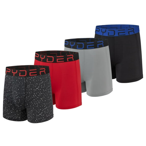 Spyder Mens Boxer Briefs Performance Nylon Mesh Sports Underwear (Small, Black/Heather/Red/Black) - 4 Pack