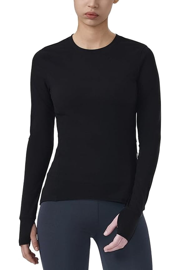 Women's Crewneck Base Layer Active Top with Ribbed Side Panels, Black, L
