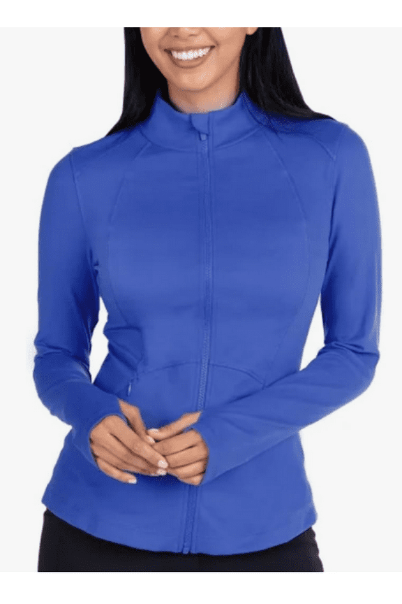 Women's Stretch Long Sleeve Zip Up Yoga Jacket with Thumb Holes Blue Small
