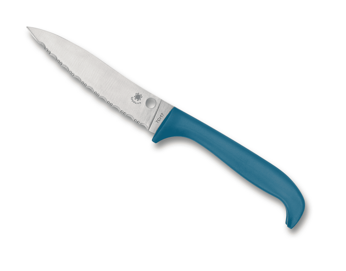 Spyderco Counter Puppy Kitchen Cutlery Blue Synthetic Handle Serrated Stainless Steel Knife