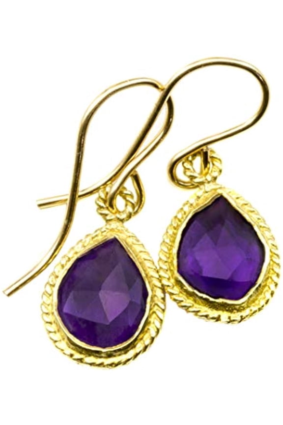 14k Gold Filled Purple Amethyst Earrings Small Dainty Fancy Goldtone Bezel Setting Simple Dangle Drops For Adult Women