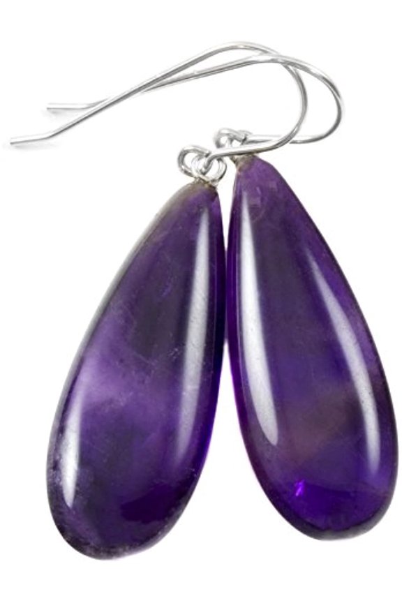 Sterling Silver Purple Amethyst Earrings Long Large Smooth Cut Deep Rich Color For Adult Women