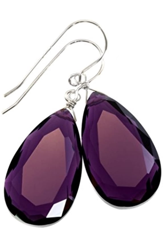Sterling Silver Purple Simulated Amethyst Earrings Faceted Large Pear Teardrops Simple Briolette Dangle Drops For Adult Women