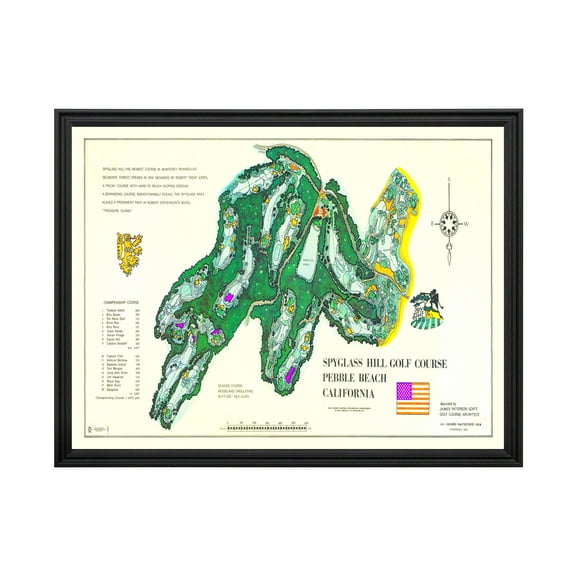 Spyglass Hill Golf Course Art, 1974 Vintage Map of Spyglass Hill Golf Course History Wall Decor Gift, Old Spyglass Hill Golf Course Map - 24" x 18" Black Framed Print