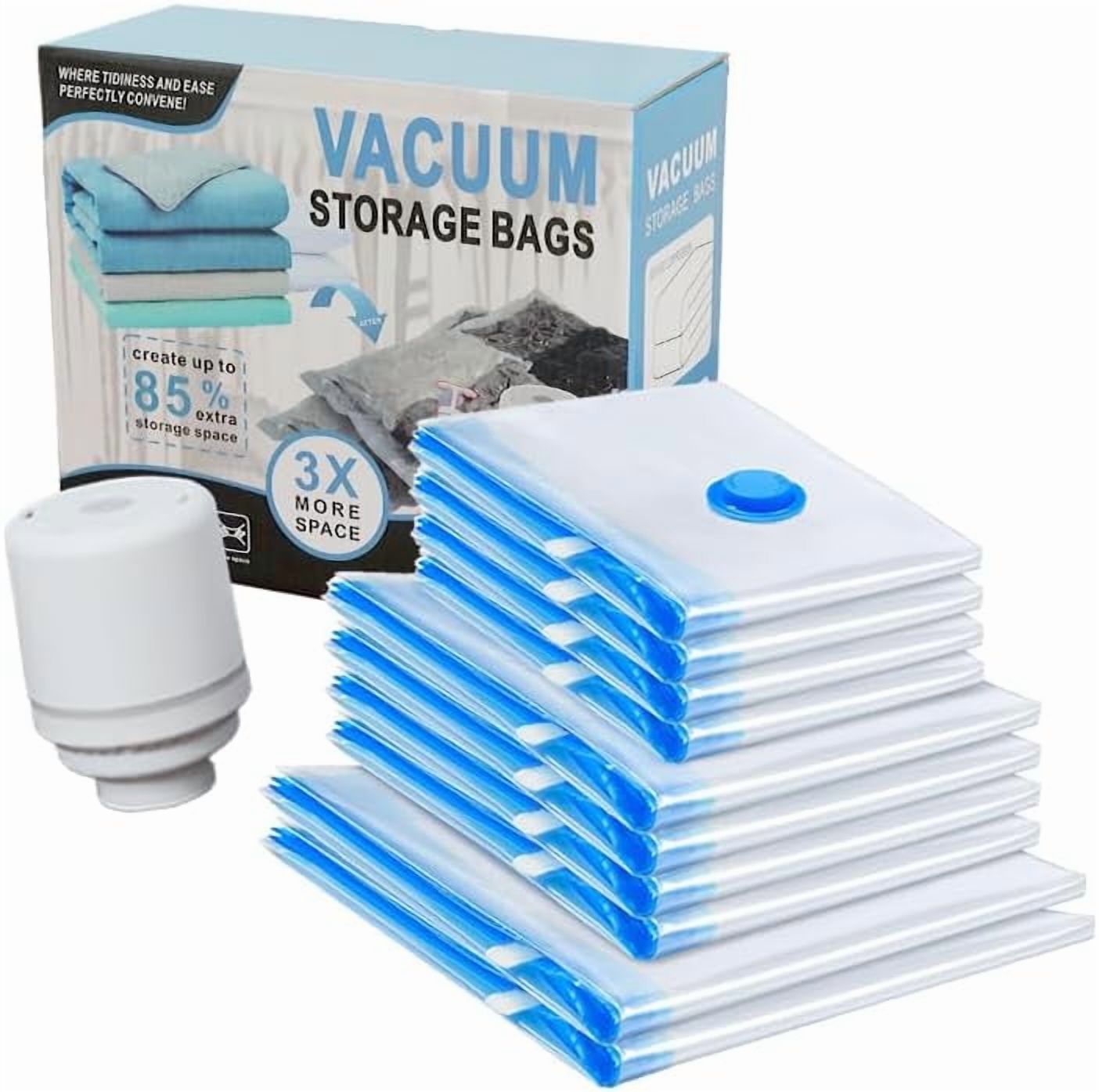 Spylandy Vacuum Storage Bags, 10 Pack with Electric & Manual Pump, Space Saver Compression Bags for Clothes, Blue and White, Nylon, 4 Medium 4 Large 2 Jumbo, (Electric Pump)
