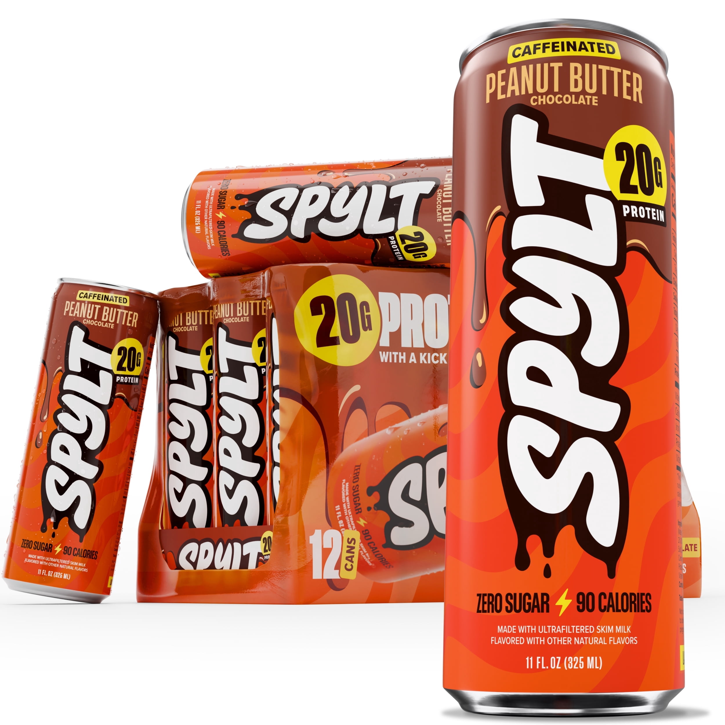 SPYLT High Protein Milk, Peanut Butter Chocolate, 20g Protein, 60mg Caffeine, Sugar Free, 11 fl oz, 12 Cans - Packaging May Vary