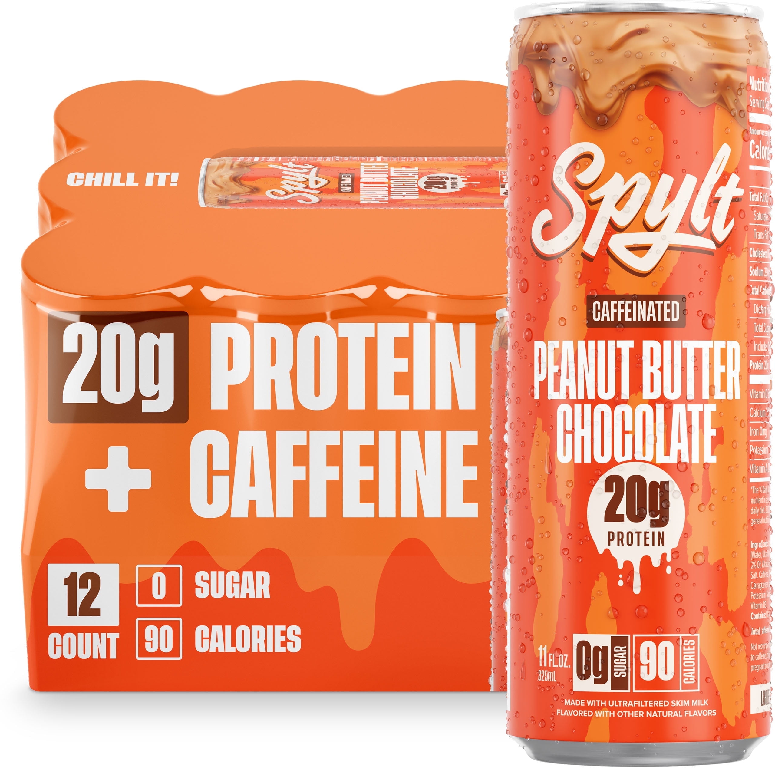 SPYLT High Protein Milk, 60 mg Caffeine, 20g Protein, Sugar and Lactose Free, Peanut Butter Chocolate, 11 oz, 12 Count