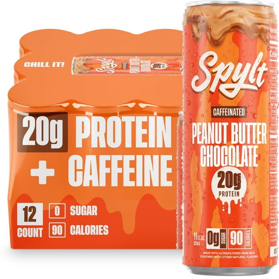 SPYLT High Protein Milk, 60 mg Caffeine, 20g Protein, Sugar and Lactose Free, Peanut Butter Chocolate, 11 oz, 12 Count