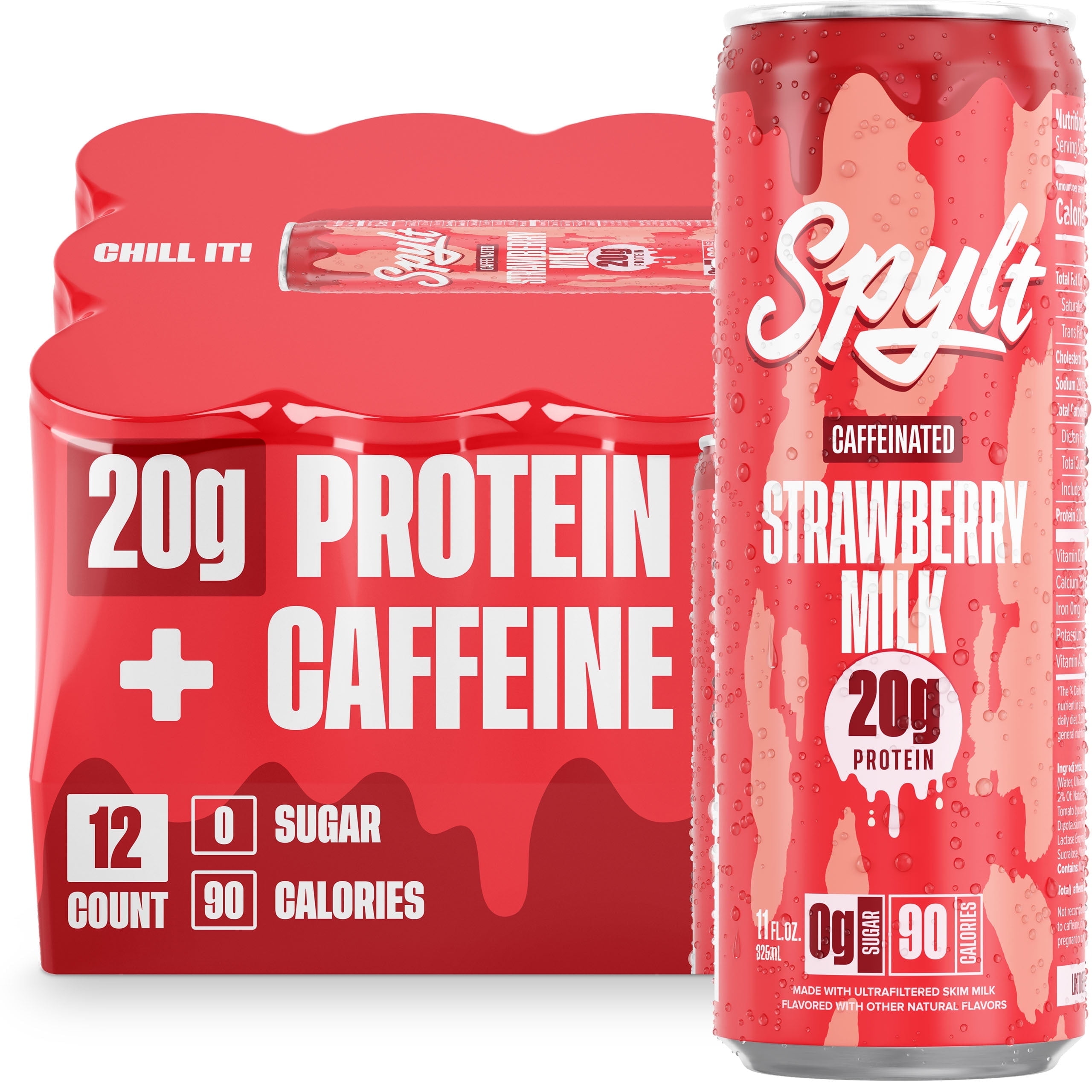 SPYLT High Protein Milk, 60 mg Caffeine, 20g Protein, Sugar and Lactose Free, Strawberry, 11 oz, 12 Count