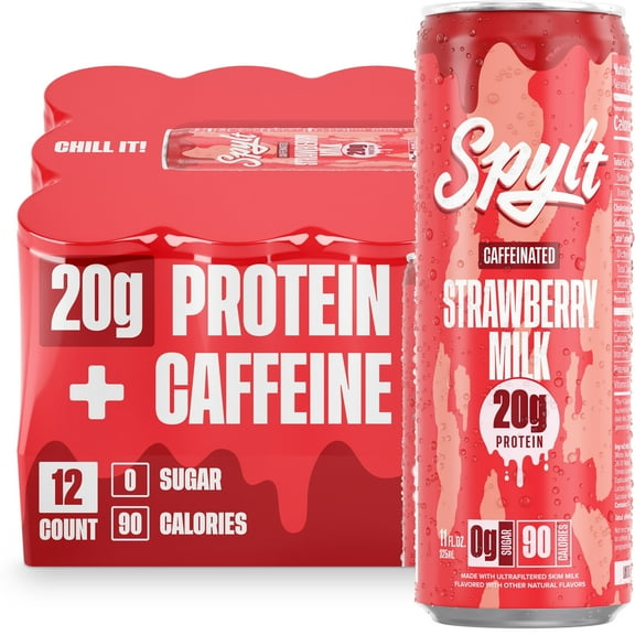 SPYLT High Protein Milk, 60 mg Caffeine, 20g Protein, Sugar and Lactose Free, Strawberry, 11 oz, 12 Count