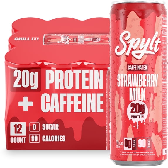 SPYLT High Protein Milk, Strawberry, 20g Protein, 60mg Caffeine, Sugar Free, 11 fl oz, 12 Cans