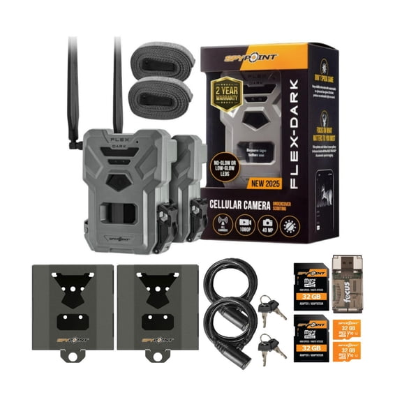 Spypoint FLEX-DARK GPS-Enabled Cellular Trail Camera (Gray, 2-Pack) Bundle with Security Box (Gray, 2-Pack), MicroSD 32GB Class 10 Memory Card (2-Pack), Cable Lock (2-Pack), and Card Reader (8 Items)