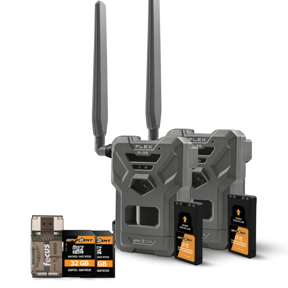Spypoint FLEX-G36 Trail Camera (2-Pack) Bundle with Spypoint Lit-22 Rechargeable Lithium Battery Pack (2-Pack), Spypoint MICRO-SD-32GB Memory Card (2-Pack) and Focus High Speed Card Reader (7 Items)