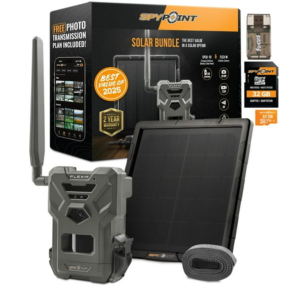 Spypoint FLEX-M Trail Camera and SPLB 10 Solar Panel Bundle with 32GB Memory Card and Card Reader (5 Items)