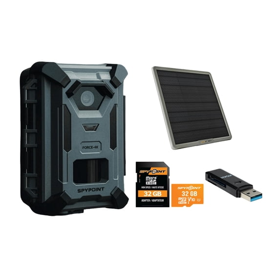 Spypoint FORCE-4K Trail Camera Bundle with 10W Solar Panel, 32GB MicroSD and Card Reader (4 Items)