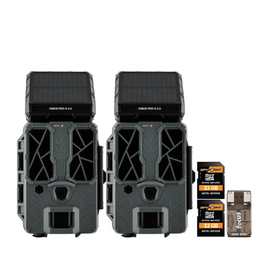 Spypoint FORCE-PRO-S 2.0 Trail Camera with Built-In Solar Panel (2-Pack) Bundle with MicroSD 32GB Ultra High Speed Class 10 Memory Card (2-Pack) and Focus All-In-One High Speed Card Reader (5 Items)