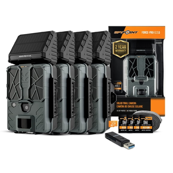 Spypoint FORCE-PRO-S 2.0 Trail Camera with Built-In Solar Panel (4-Pack) Bundle with 32GB Memory Card (4-Pack) and Card Reader