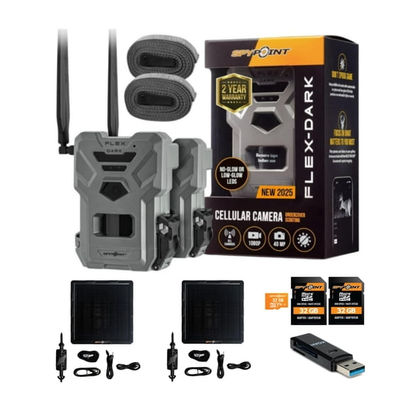 Spypoint Flex Dark Cellular Trail Camera (2 Pack) with Solar Panel and Accessories Bundle