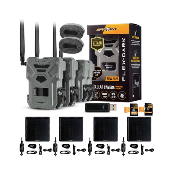 Spypoint Flex Dark GPS Cellular Trail Camera (4 Pack) with Solar Panel, 32GB Memory Card and Card Reader (11 Items)