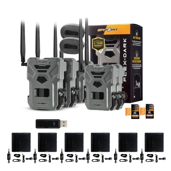 Spypoint Flex Dark GPS Cellular Trail Camera (6 Pack) with Solar Panel, 32GB Memory Card and Card Reader