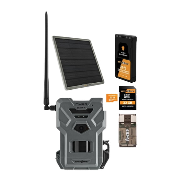 Spypoint Flex-Dark GPS Cellular Trail Camera Bundle with 10W Battery Solar Panel, 32GB SD Card and Card Reader (5 Items)