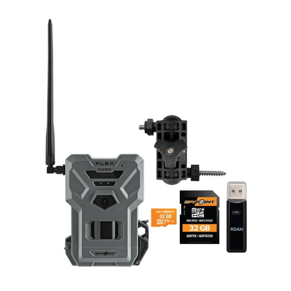 Spypoint Flex Dark GPS Cellular Trail Camera Bundle with Mounting Arm, 32GB Memory Card & Reader (4 Items)