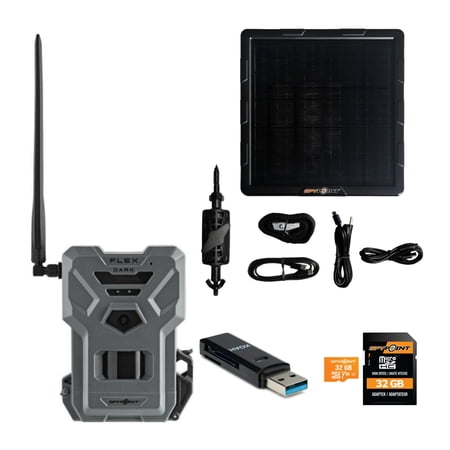 Spypoint Flex Dark GPS Cellular Trail Camera with Solar Panel, 32GB Memory Card and Card Reader