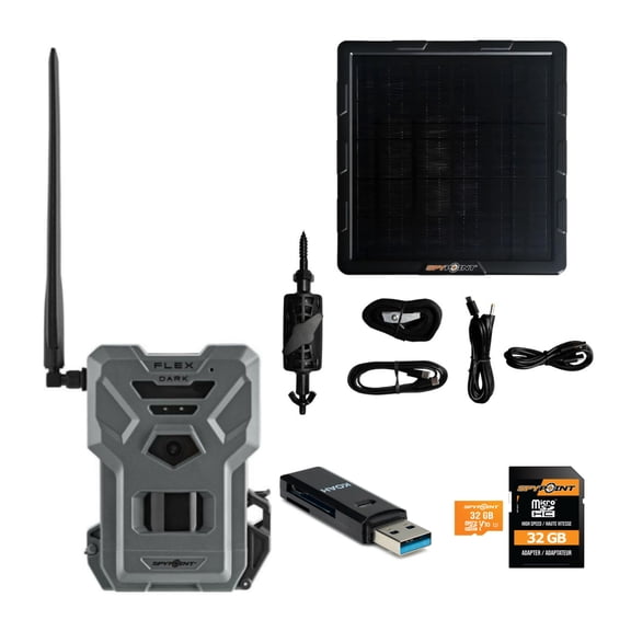 Spypoint Flex Dark GPS Cellular Trail Camera with Solar Panel, 32GB Memory Card and Card Reader