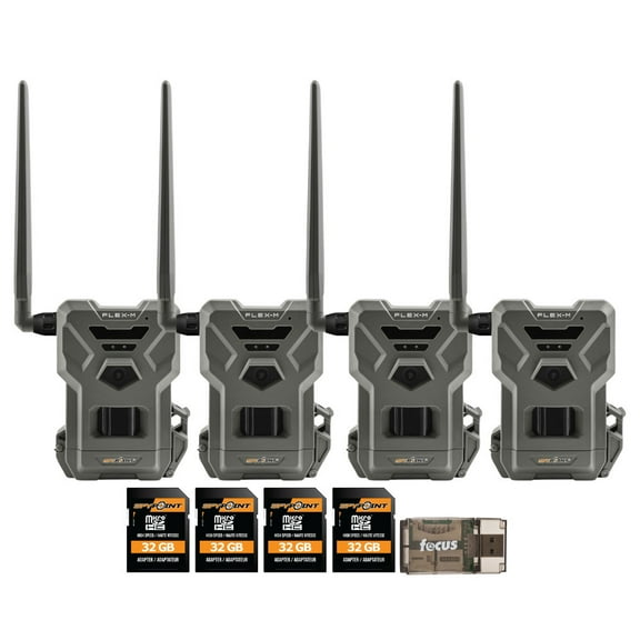 Spypoint Flex M Twin Pack 28MP Cellular Trail Cameras (2-Pack) Bundle with 32GB High-Speed Memory Card (4-Pack) and High-Speed Card Reader (7 Items)