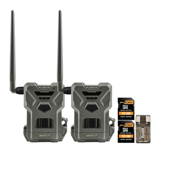 Spypoint Flex M Twin Pack 28MP Cellular Trail Cameras Bundle with 32GB High-Speed Memory Card (2-Pack) and High-Speed Card Reader (4 Items)