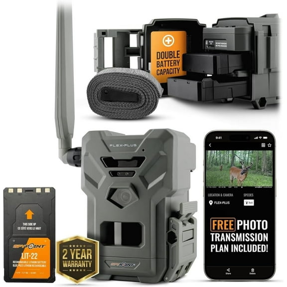 Spypoint Flex-Plus Cellular Trail Camera 36MP Photos and 1080p Videos with Sound, Dual-SIM LTE, GPS, Extended Battery