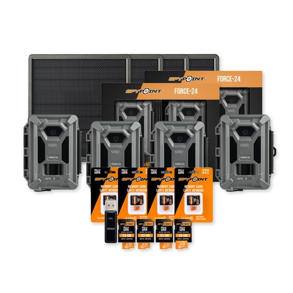 Spypoint Force-24MP Non-Cellular Trail Camera (4 Pack) Bundle with 10W Solar Panel, 32GB Memory Card and Card Reader (13 Items)