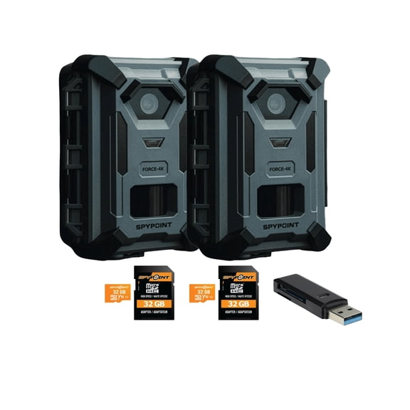 Spypoint Force 40MP 4K Trail Camera (2 Pack) Bundle with 32GB Memory Card and Card Reader (5 Items)